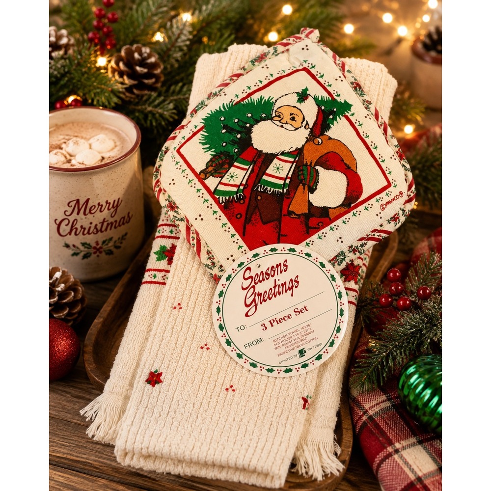 Vintage Franco Christmas Santa 3 Piece Kitchen Towel Dishcloth Potholder Set